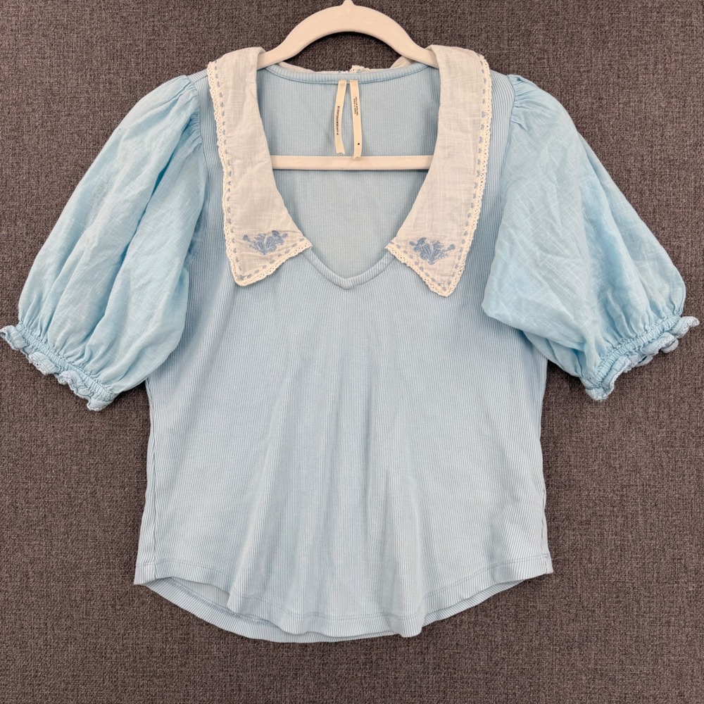 Anthropologie Blue Ribbed Top Medium Peter Pan Collar Embroidered Puff Sleeve